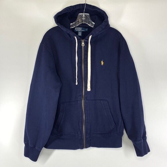 Vintage Polo By Ralph Lauren Navy Blue Full Zip Hooded Sweatshirt Yellow Pony L